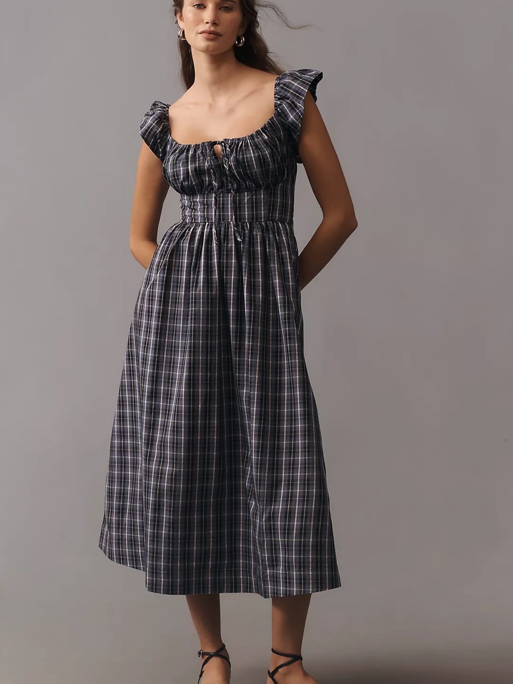 By Anthropologie Flutter-Sleeve Square-Neck Midi Dress
